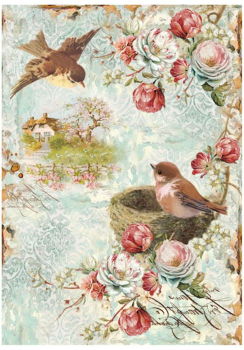 Рисовая бумага для декупажа Гнездо, птицы и розы Stamperia